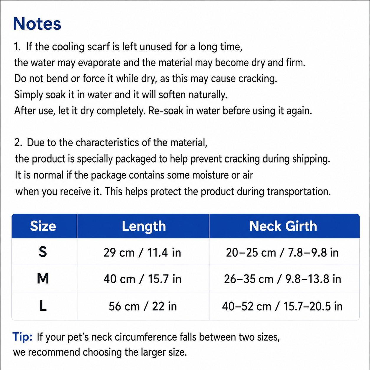 Dog cooling neck wrap size chart and care guide with small, medium, and large neck measurements.