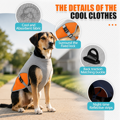 Beagle wearing gray and orange dog cooling vest on suburban sidewalk with cooling mesh, reflective trim and buckle callouts