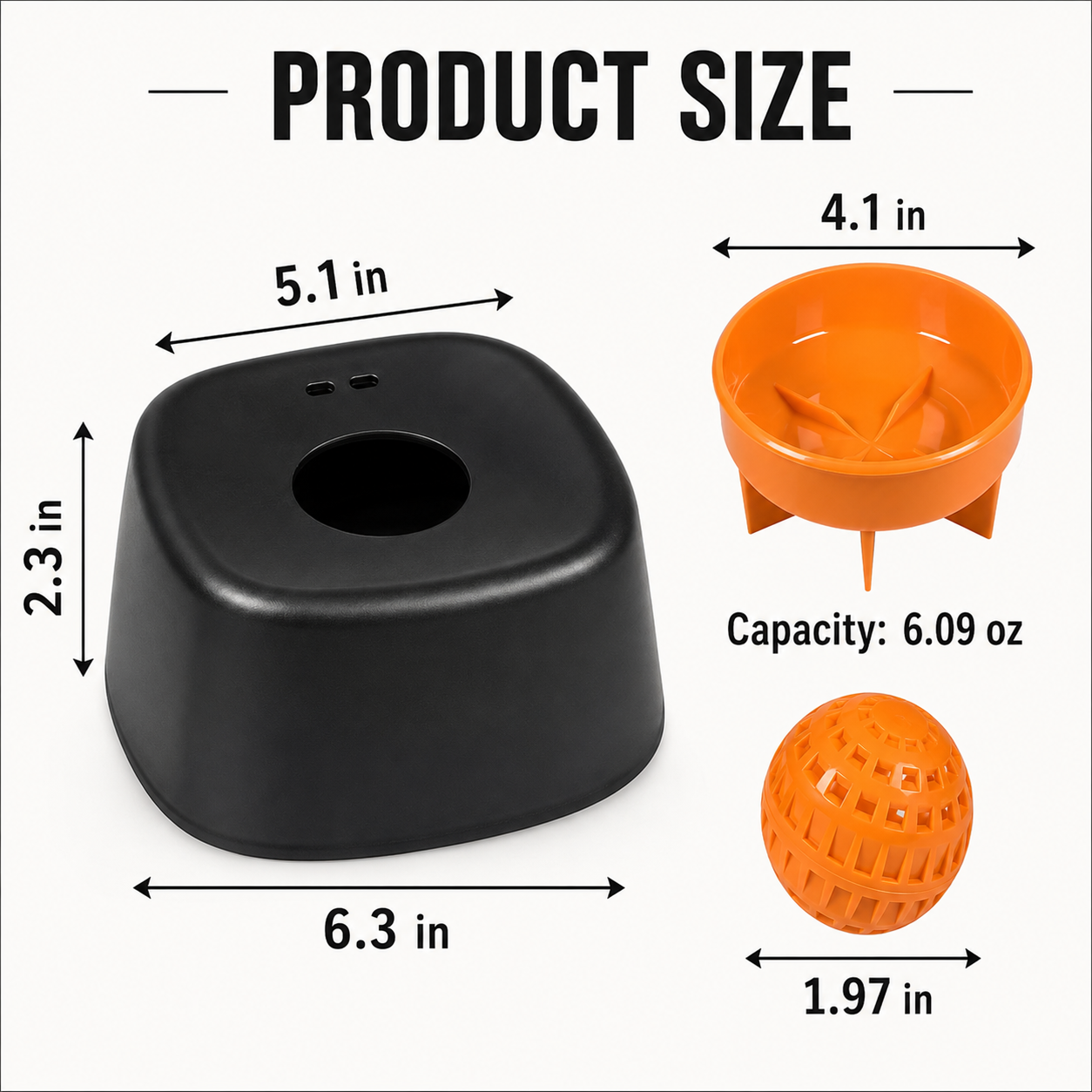 Black and orange slow feeder dog bowl size chart with 6.3 inch base, 4.1 inch insert, and 6.09 oz capacity.