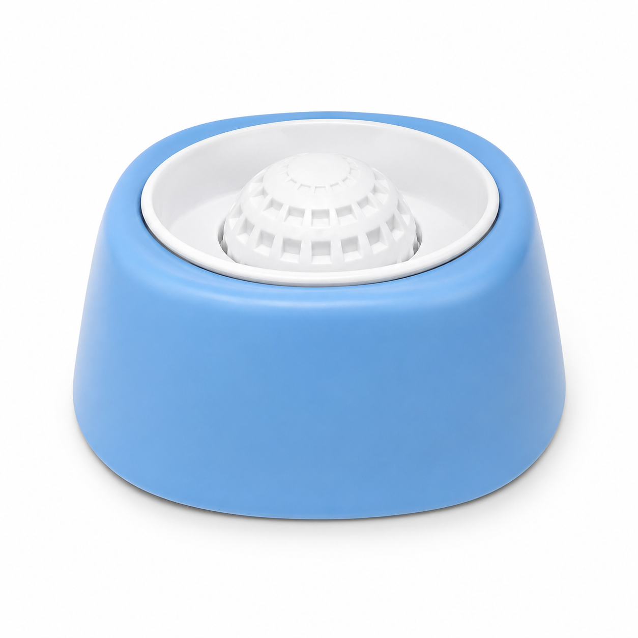 Blue slow feeder dog bowl with white rolling ball on a white background.