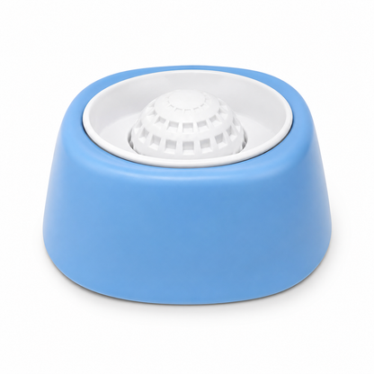 Blue slow feeder dog bowl with white rolling ball on a white background.