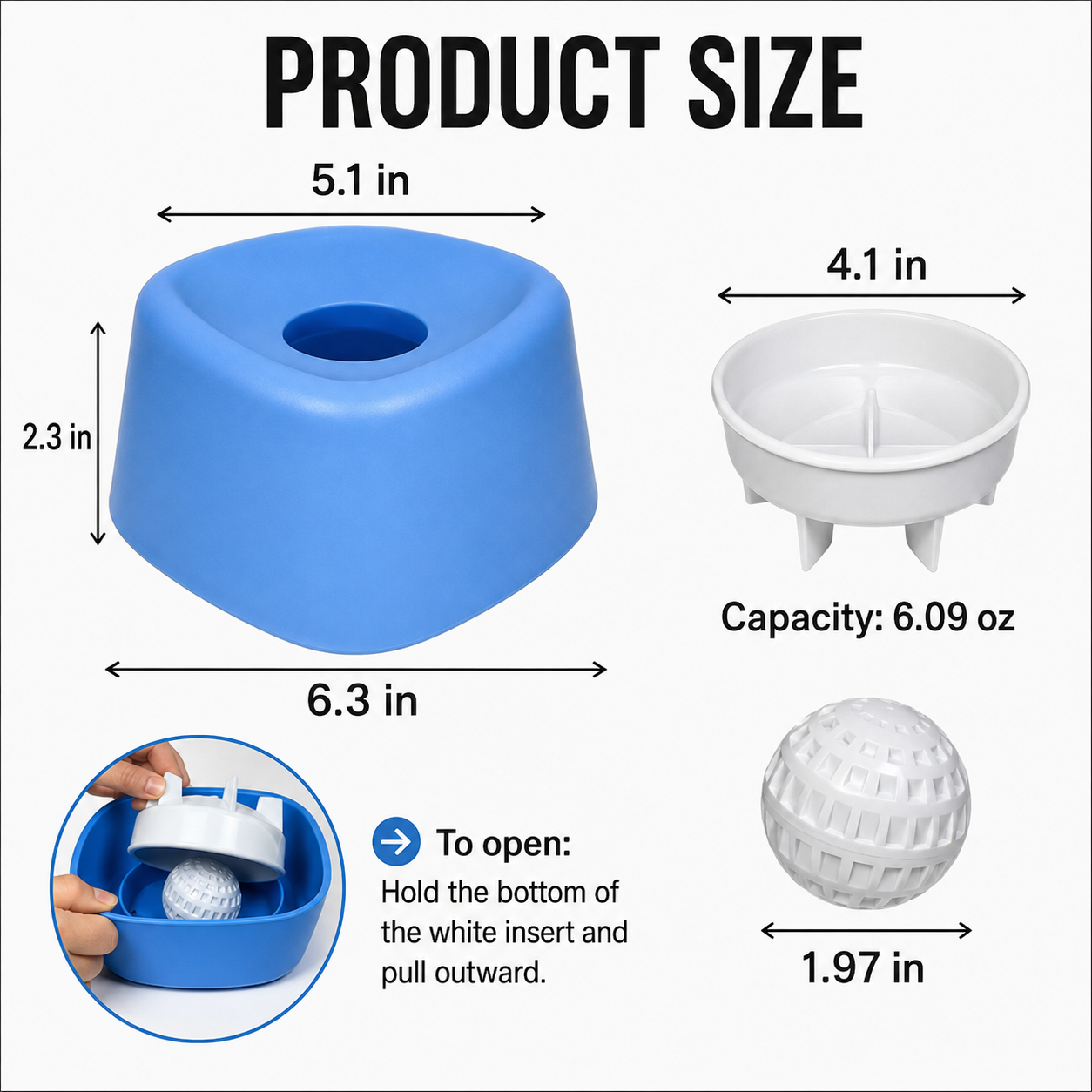 Blue and white slow feeder dog bowl size chart with dimensions, 6.09 oz capacity, and opening instructions.