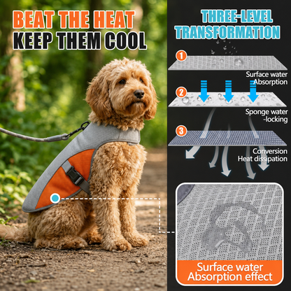 Cockapoo wearing gray and orange evaporative cooling vest in forest setting — three-layer cooling technology diagram

