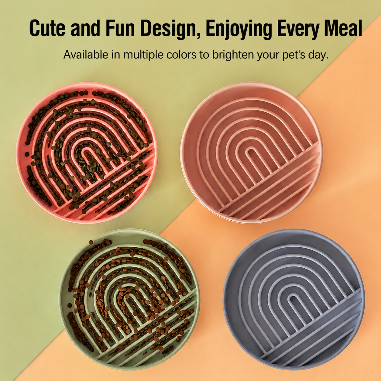 Colorful slow feeder dog bowls with maze design for slower eating and healthier mealtime habits.