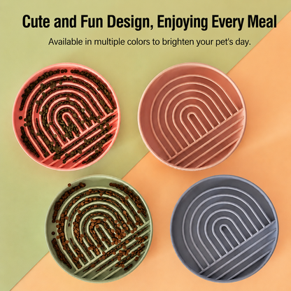 Colorful slow feeder dog bowls with maze design for slower eating and healthier mealtime habits.