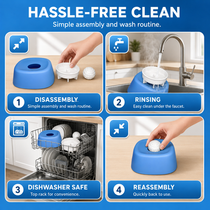 Dishwasher-safe slow feeder dog bowl cleaning guide showing disassembly, rinsing, and reassembly steps.