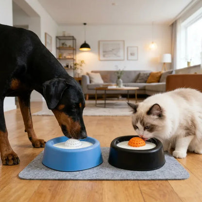 Dog and cat using interactive slow feeder bowls for slower, healthier feeding at home.