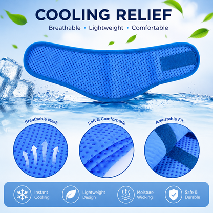 Blue dog cooling neck wrap feature graphic showing breathable mesh, lightweight comfort, and adjustable fit.