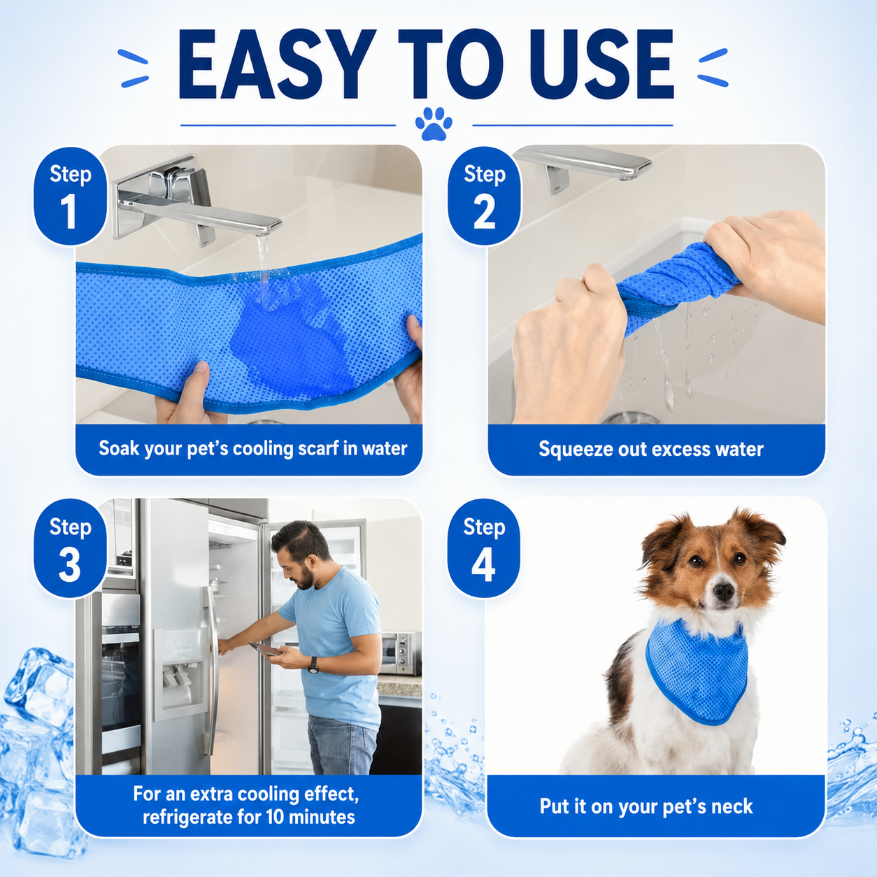 Step-by-step guide showing how to soak, squeeze, chill, and use a dog cooling neck wrap.