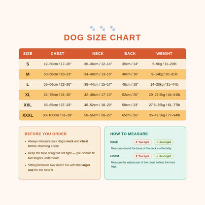 Dog cooling vest size chart showing chest, neck, back and weight measurements from S to XXXL