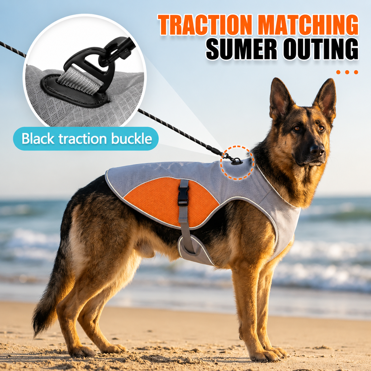German Shepherd wearing gray and orange dog cooling vest with leash-ready D-ring on sunny beach