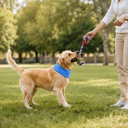 Golden retriever wearing a blue cooling neck wrap while playing outside in a sunny park.
