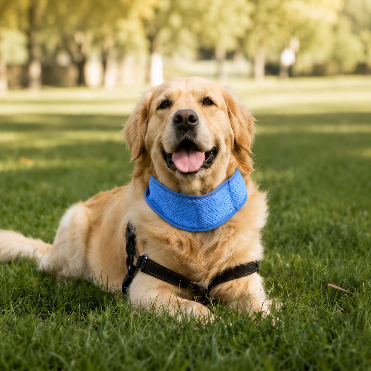 Golden retriever wearing a blue cooling neck wrap while relaxing in the grass on a warm day.