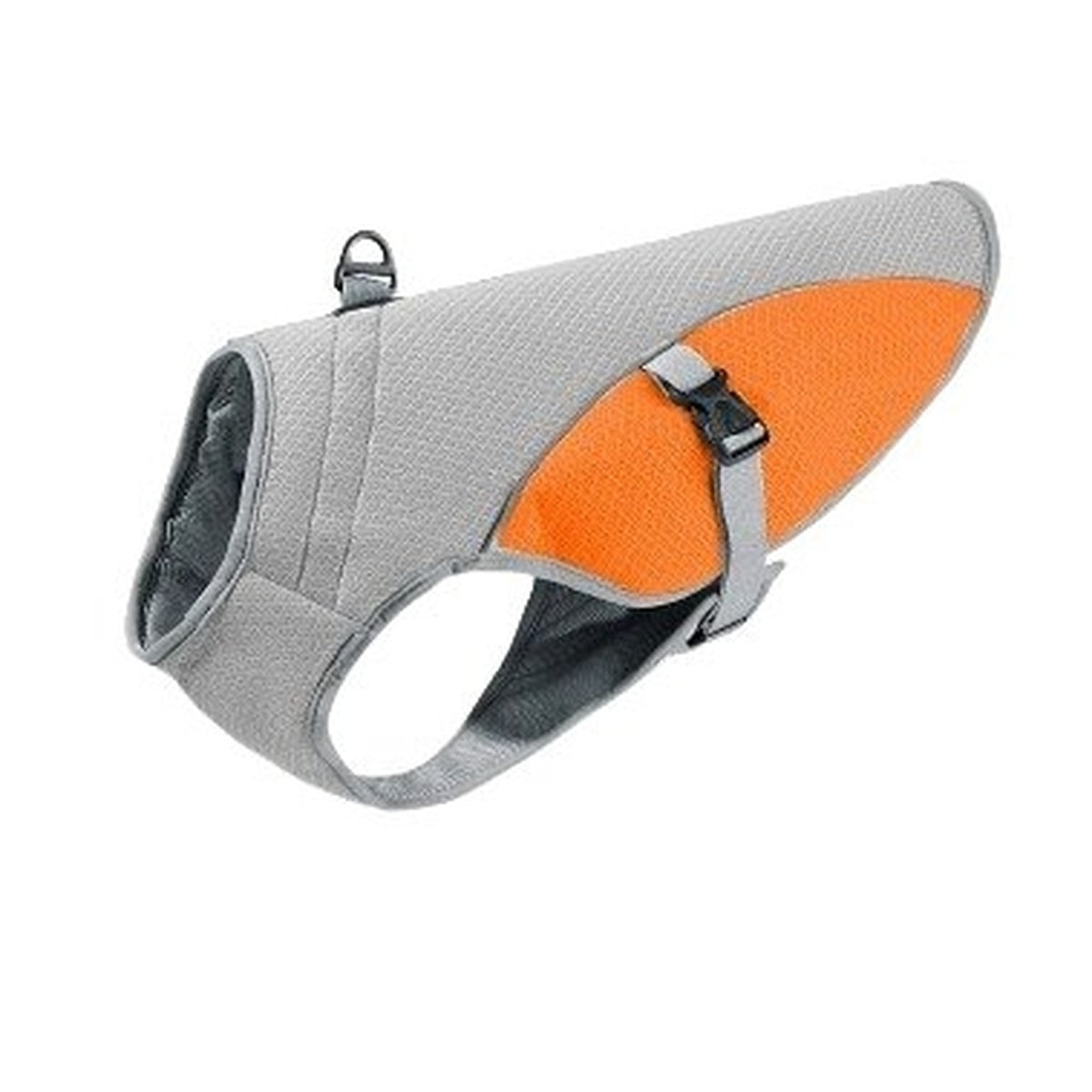 Gray and orange dog cooling vest with evaporative mesh fabric, reflective trim and adjustable buckle — white background