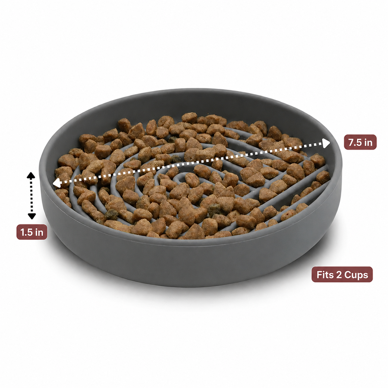 Gray slow feeder dog bowl size chart showing 7.5 inch width, 1.5 inch height, and 2 cup capacity.