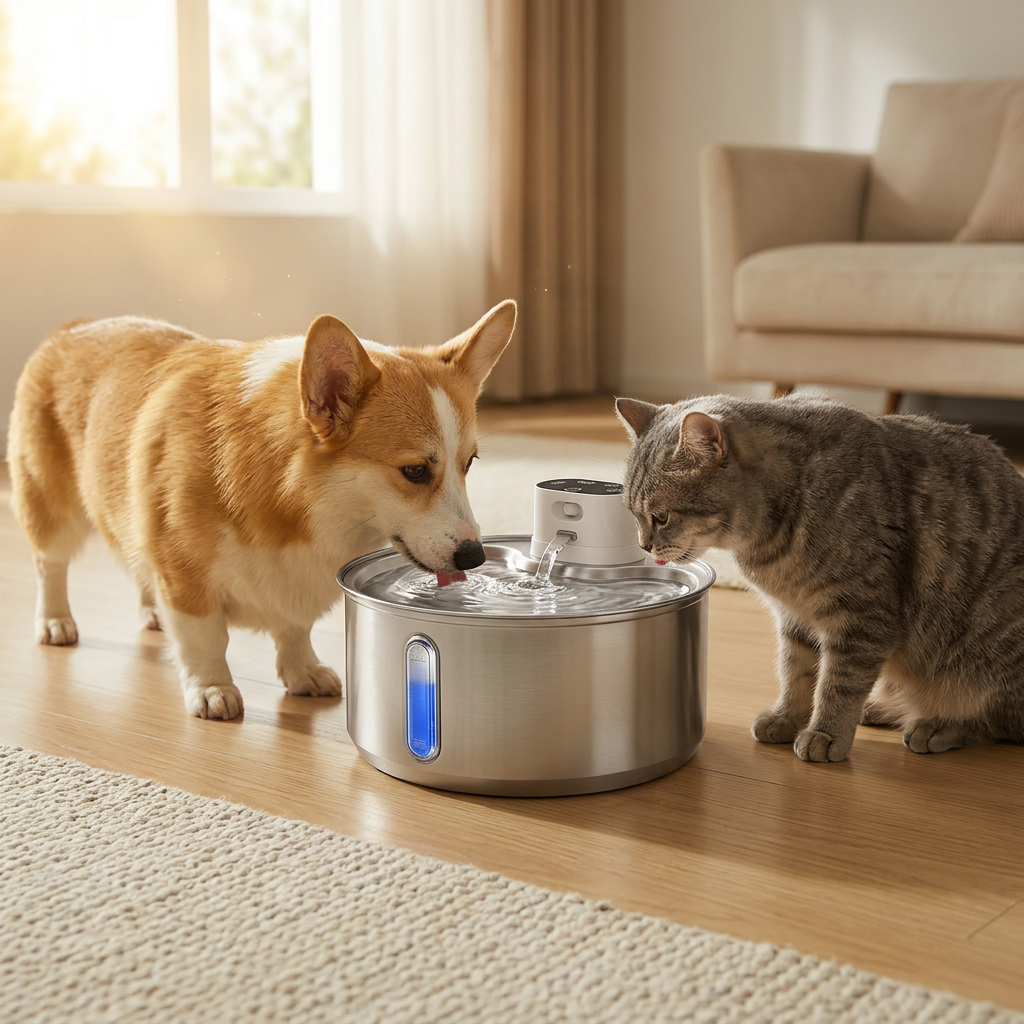 Corgi and cat drinking together from stainless steel automatic pet water fountain with blue LED indicator — quiet, filterless design