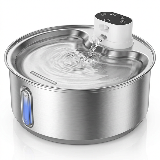 Stainless steel automatic pet water fountain with white pump top, blue water level indicator, and flowing water stream — white background