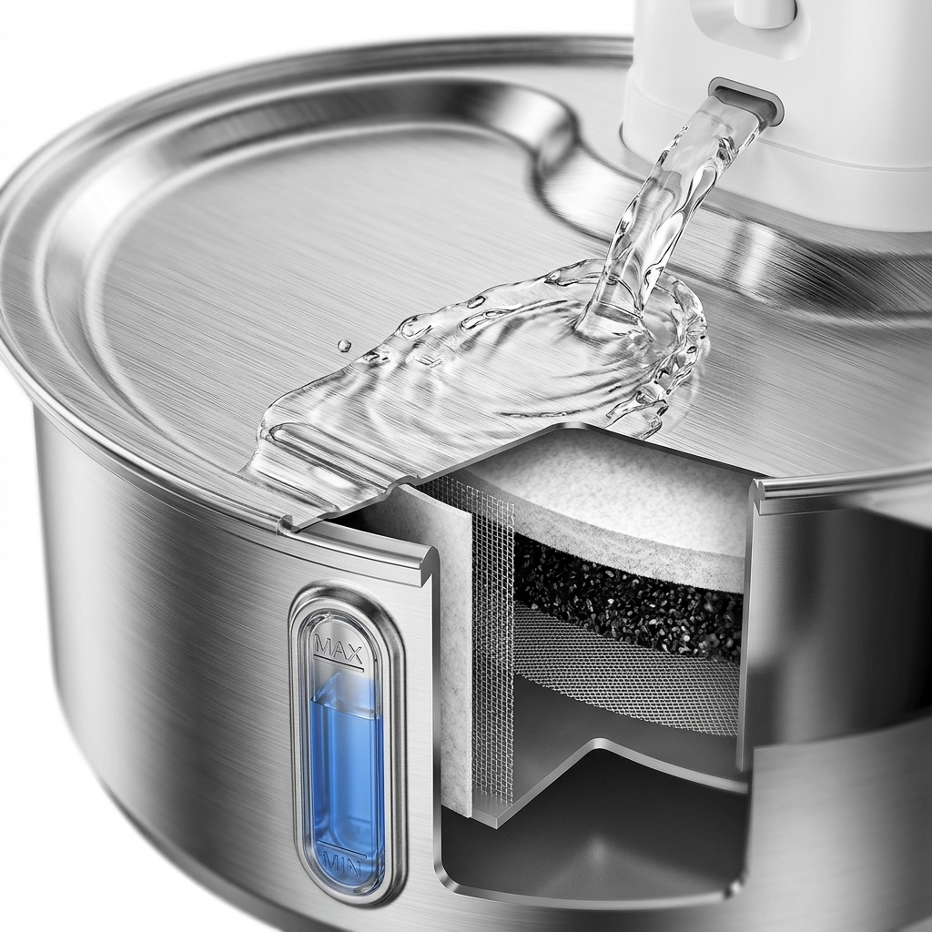 Cross-section view of stainless steel pet water fountain showing 3-layer filtration system with activated carbon and foam filter