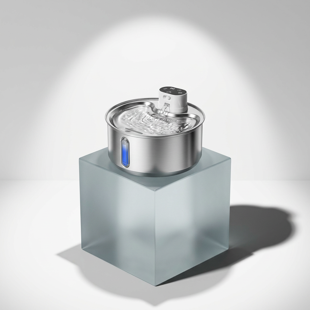 Stainless steel pet water fountain with flowing water displayed on frosted glass cube pedestal, dramatic spotlight, premium product photography

