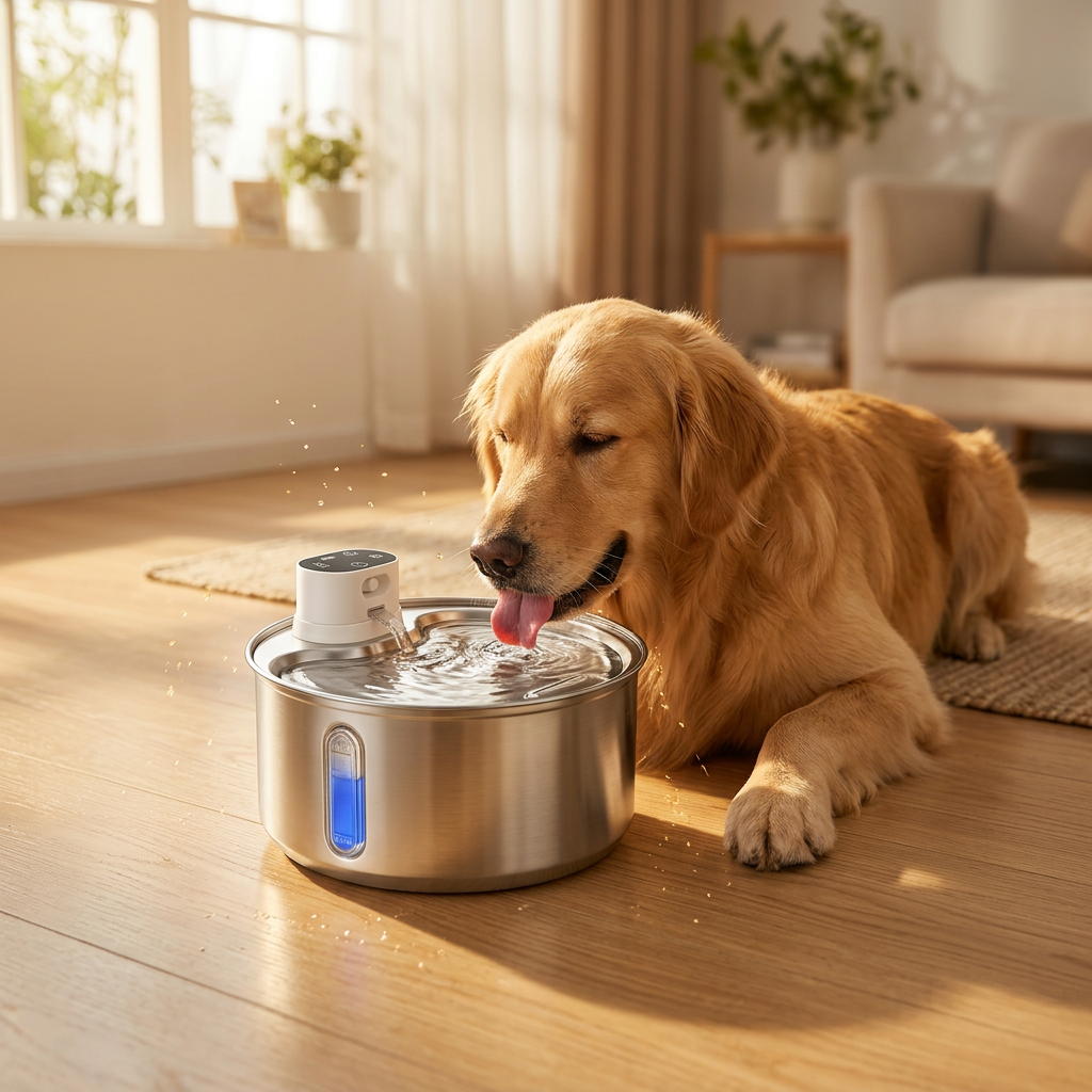 Golden retriever drinking from stainless steel automatic pet water fountain on hardwood floor in sunny living room