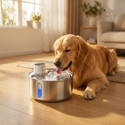 Golden retriever drinking from stainless steel automatic pet water fountain on hardwood floor in sunny living room