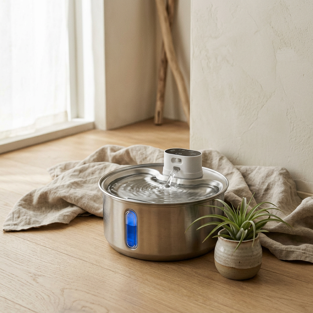 Stainless steel automatic pet water fountain on oak hardwood floor with linen cloth and small potted plant, minimalist home setting