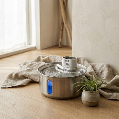 Stainless steel automatic pet water fountain on oak hardwood floor with linen cloth and small potted plant, minimalist home setting