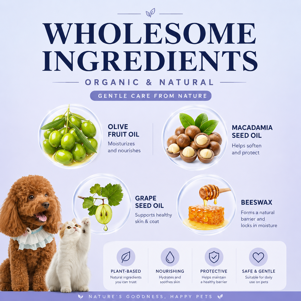 Natural paw and nose balm ingredients including olive fruit oil, macadamia seed oil, grape seed oil, and beeswax.