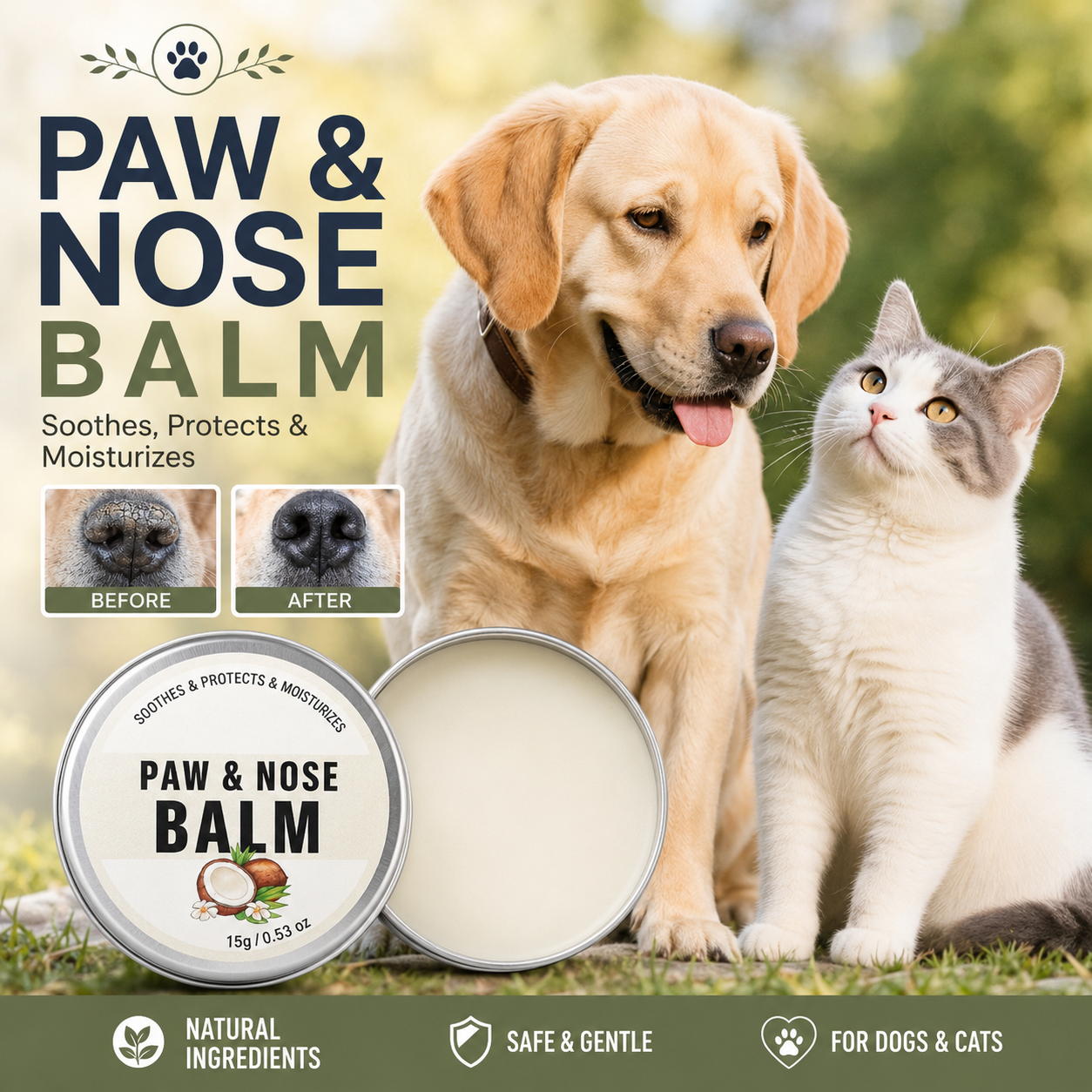 Paw and nose balm for dogs and cats designed to soothe, protect, and moisturize dry paws and noses.