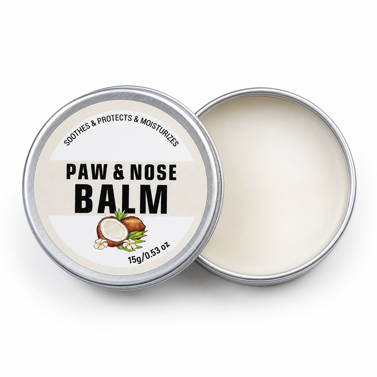 Paw and nose balm product tins with coconut label and open balm container on a clean white background.