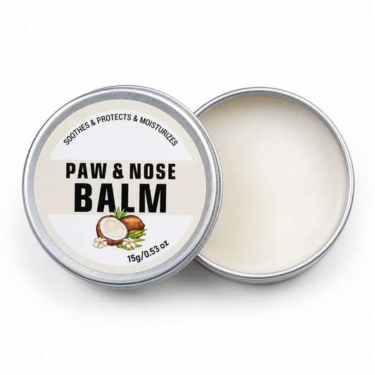 Paw and nose balm product tins with coconut label and open balm container on a clean white background.