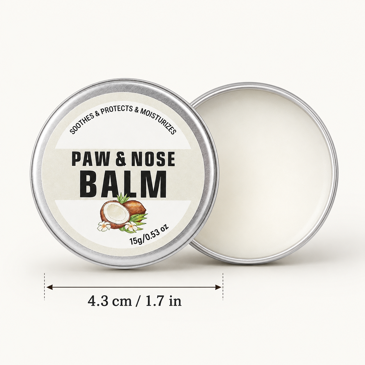 Paw and nose balm tin size image showing 15g container with 4.3 cm width for dogs and cats.