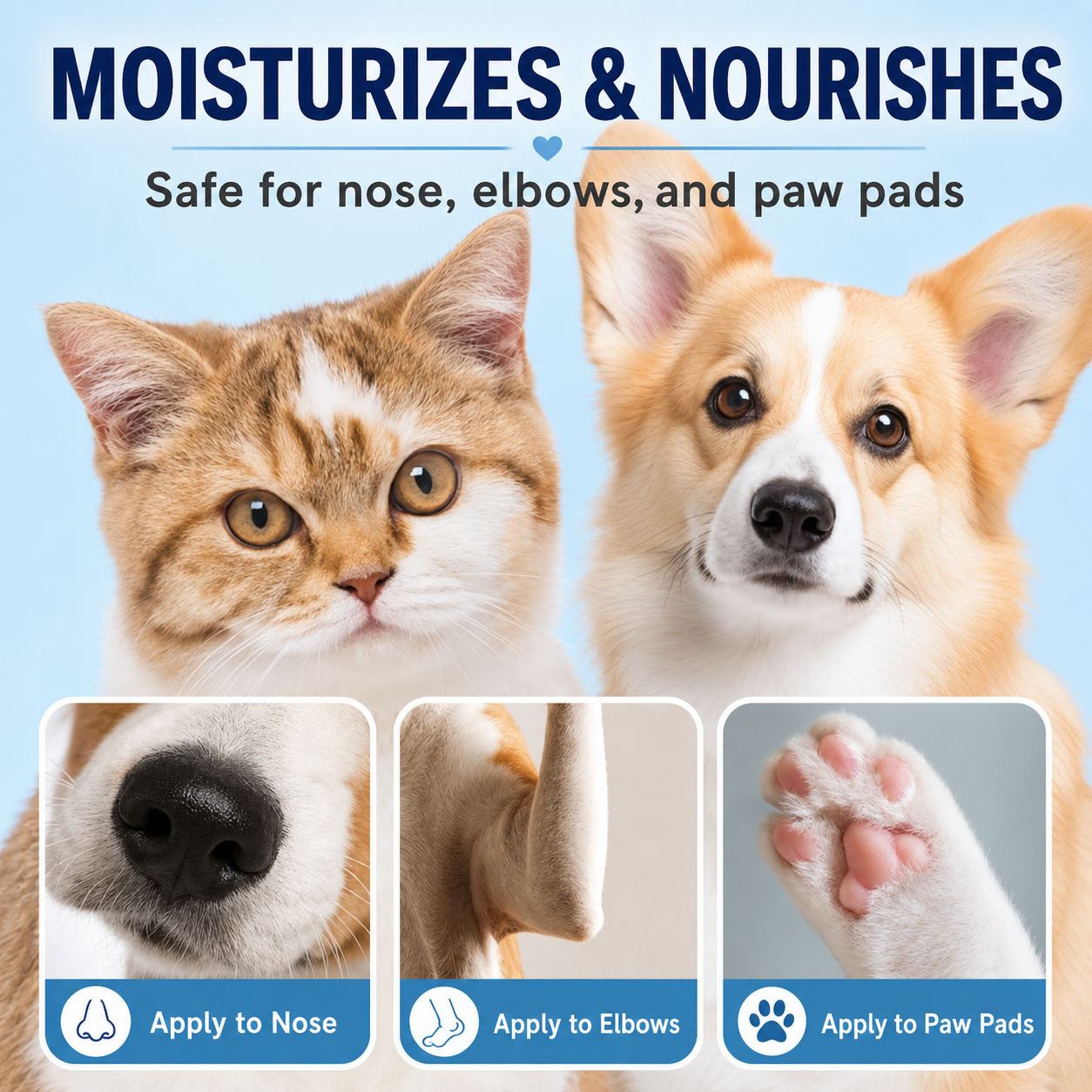 Pet paw and nose balm for dry paw pads, elbows, and noses with moisturizing care for dogs and cats.
