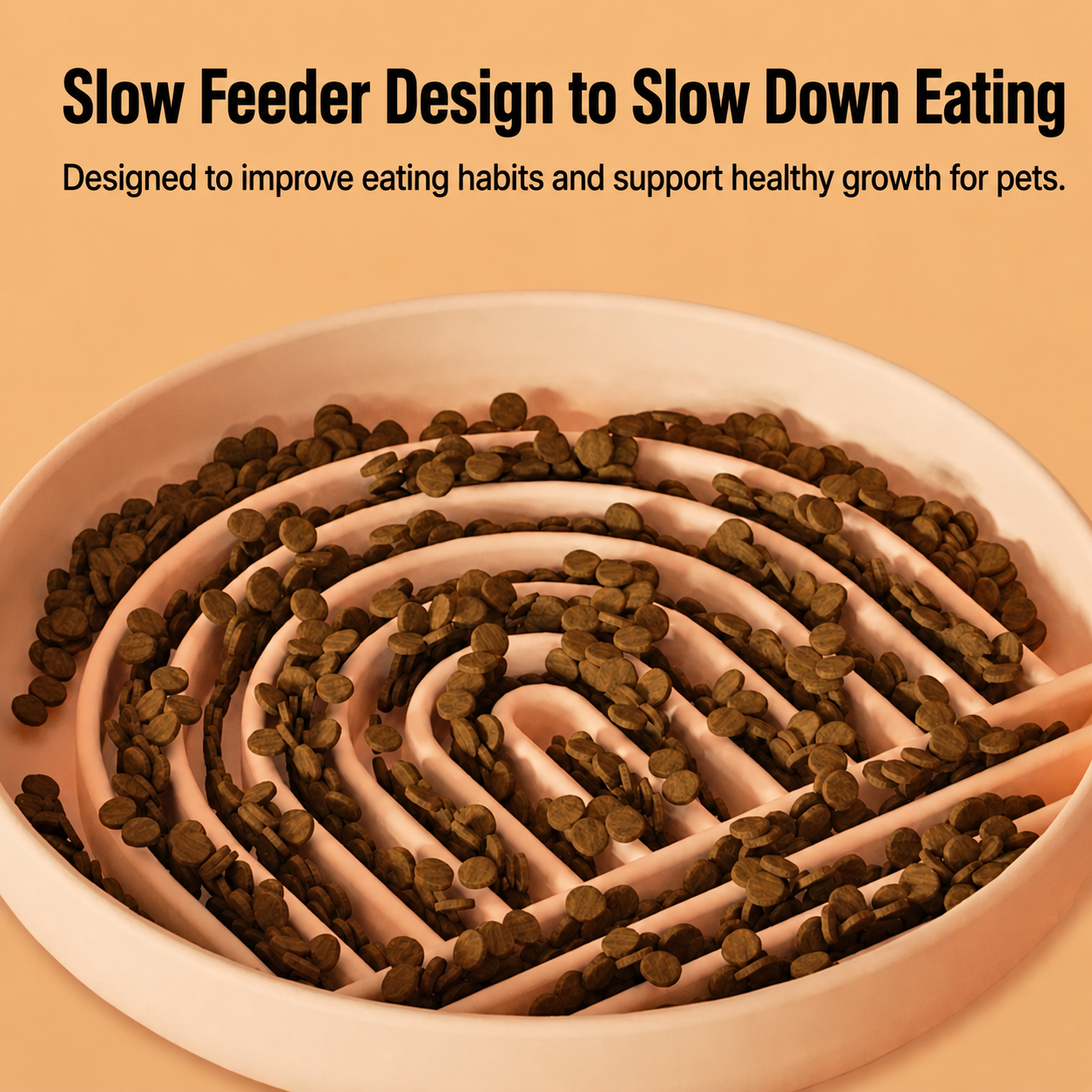 Slow feeder dog bowl with maze design and kibble to help dogs eat slower and reduce gulping.
