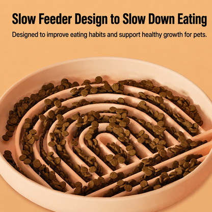 Slow feeder dog bowl with maze design and kibble to help dogs eat slower and reduce gulping.