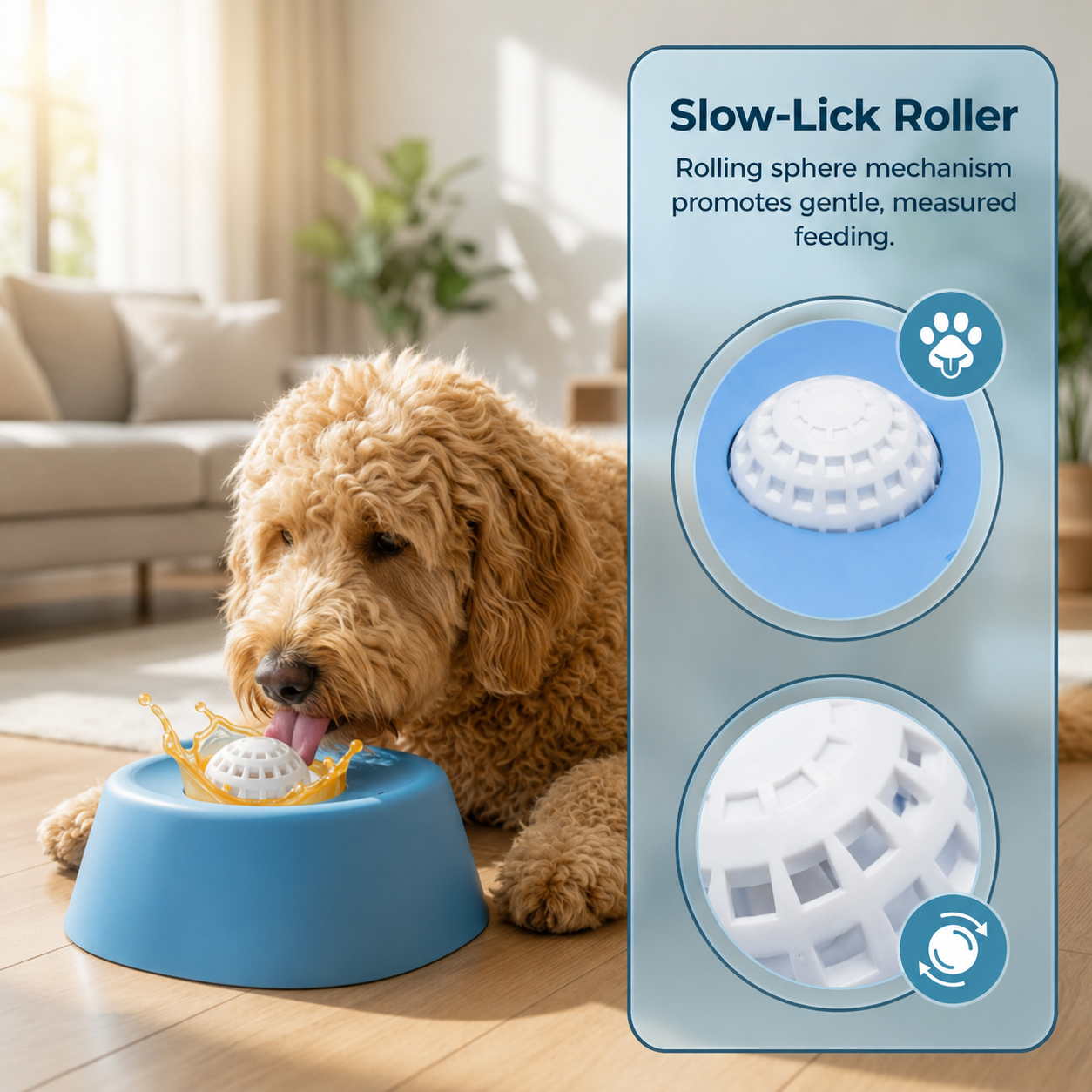 Golden doodle using a slow-lick roller dog bowl with rolling sphere feature for measured feeding.